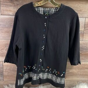 Onque Casuals Ladies Black Cardigan,Size Small,Embroidered Musical Notes,Vintage